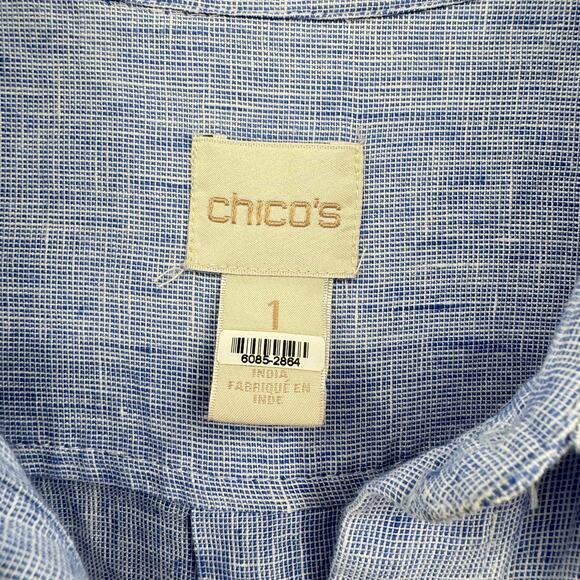 Chico’s Sz 1 Heather Blue Linen Long Line Button Front Side Slit Tunic Shirt - Picture 13 of 16